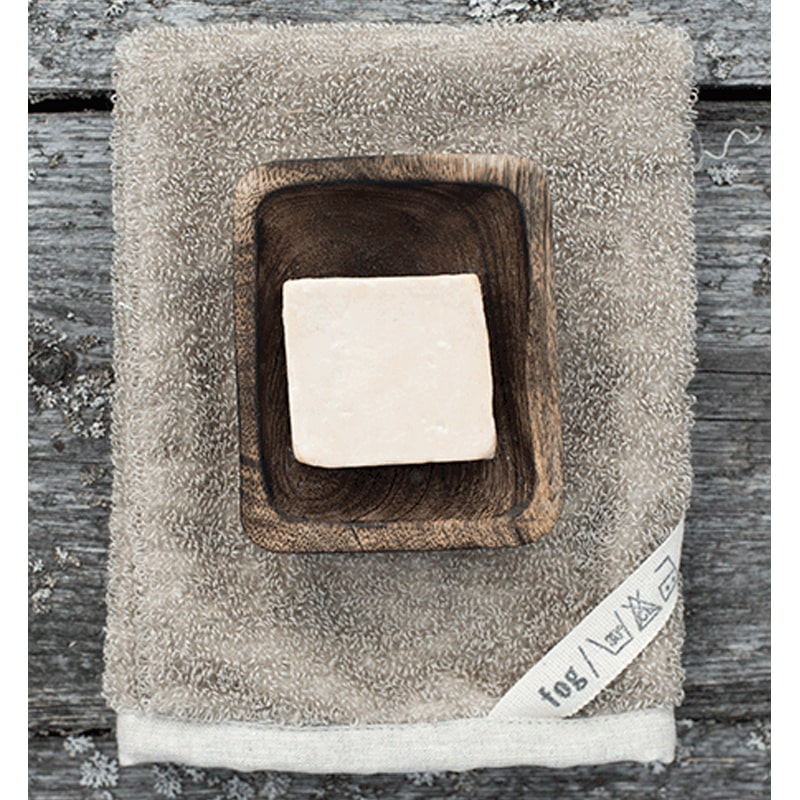  Fog Linen Work Linen Massage Bath Mitten pictured with soap in wooden dish (not included)