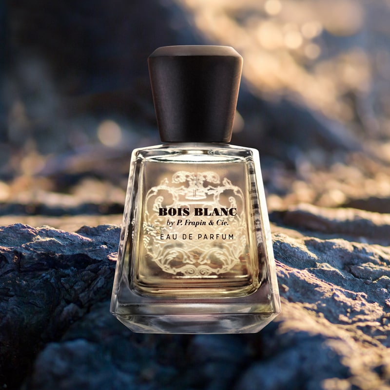Frapin Bois Blanc Eau de Parfum beauty shot on a rock