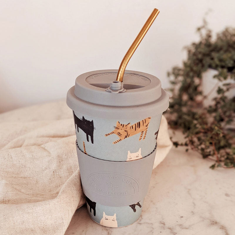 Mimi & August Les Chats Cafe Yo - Bamboo Reusable Cup - Gray - shown with copper straw (not included) to demonstrate how to use top with straw.