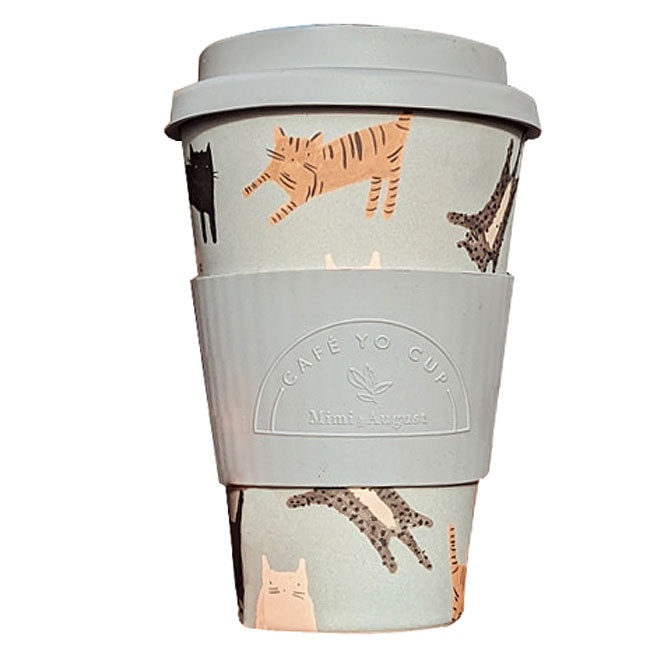 Mimi &amp; August Les Chats Cafe Yo - Bamboo Reusable Cup - Gray (14 oz)