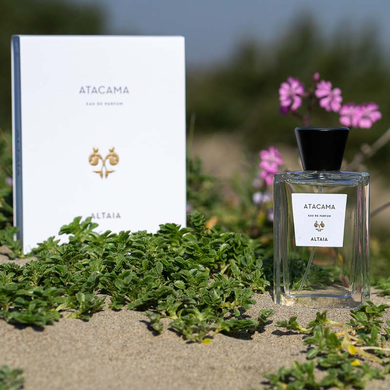 ALTAIA Atacama Eau de Parfum beauty shot showing bottle and box on sandy landscape with pink flowers and leaves in the background