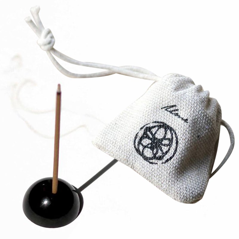 Ume Incense Dome Incense Stick Holder - Black Zinc with pouch shown with incense stick (sold separately)