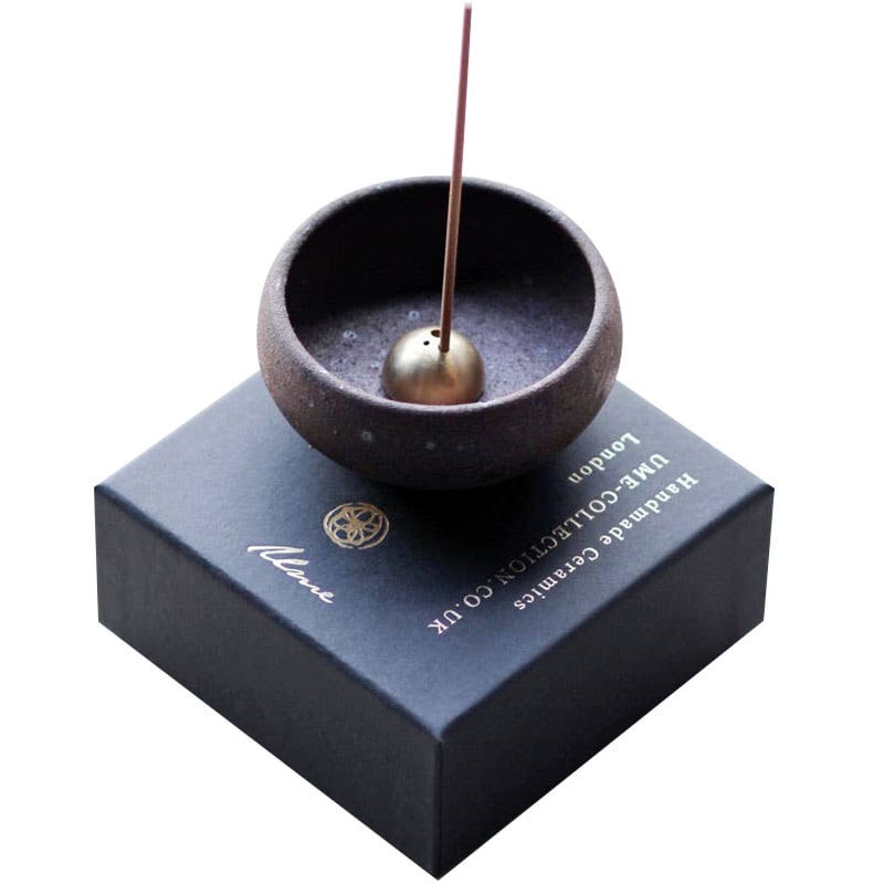 Ume Incense Wabi Sabi Incense Burner with Gold Incense Stick Dome pictured on top of box with incense stick (sold separately)