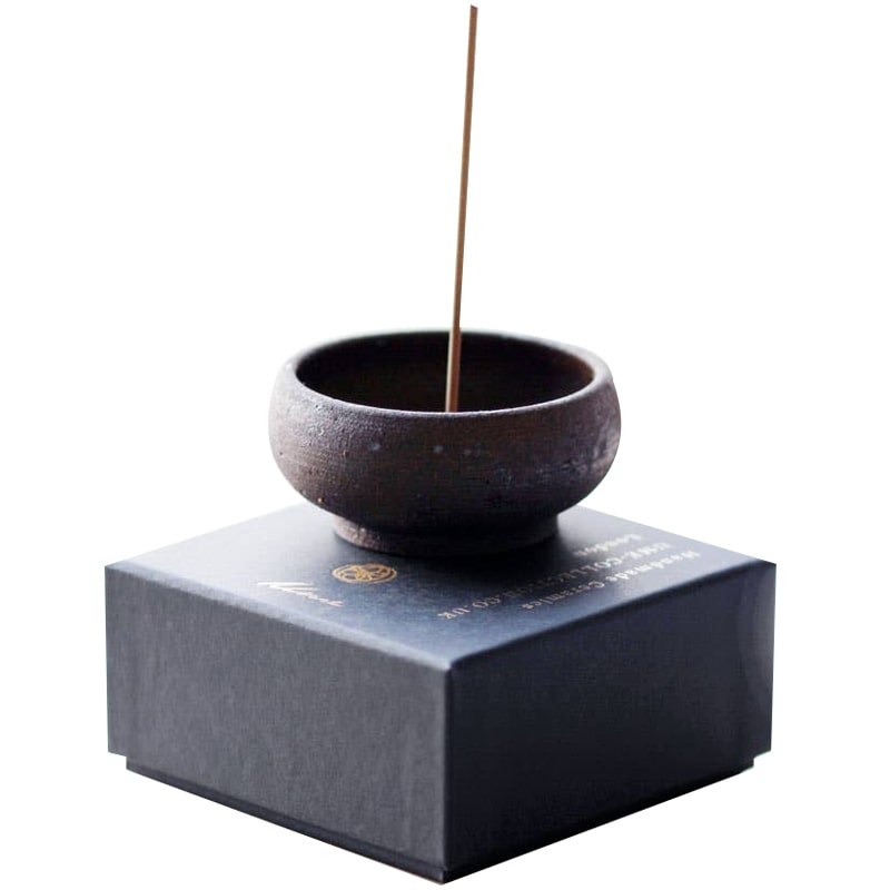 Ume Incense Wabi Sabi Incense Burner with Gold Incense Stick Dome - side view with incense stick (sold separately) on top of box