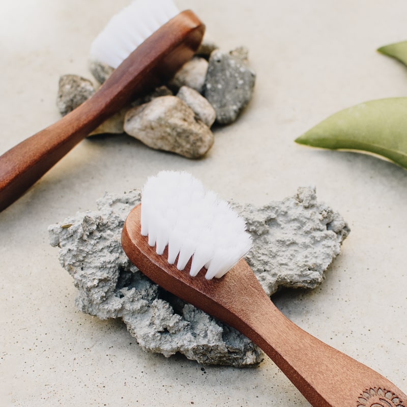 Annmarie Skin Care Lotus Wood Exfoliating Brush shown with rocks and another brush - each sold separately