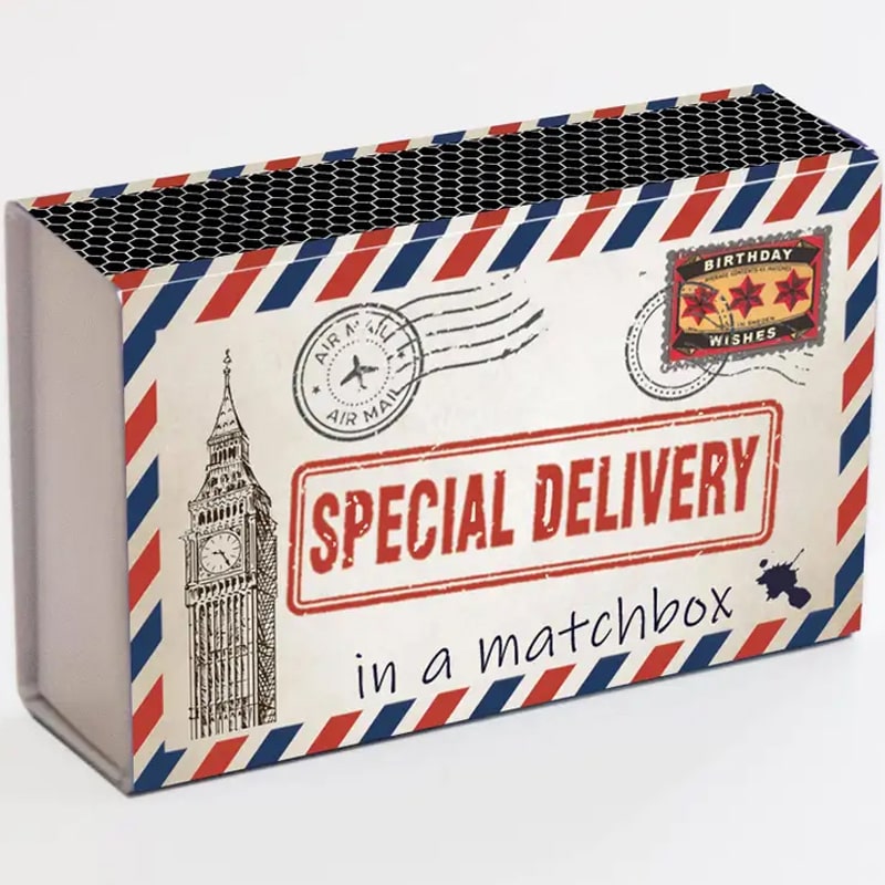 Marvling Bros Ltd Special Delivery Happy Birthday Mini Bouquet - showing front of closed matchbox