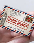 Marvling Bros Ltd Special Delivery Happy Birthday Mini Bouquet showing closed matchbox in model's hand.