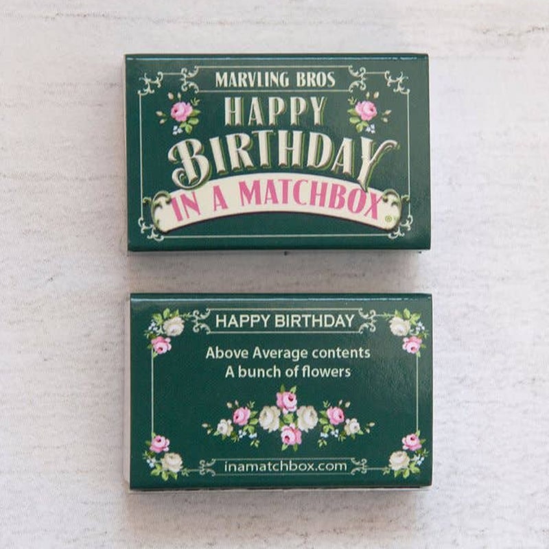 Marvling Bros Ltd Happy Birthday Folk Art Mini Bouquet In A Matchbox showing front and back of matchbox