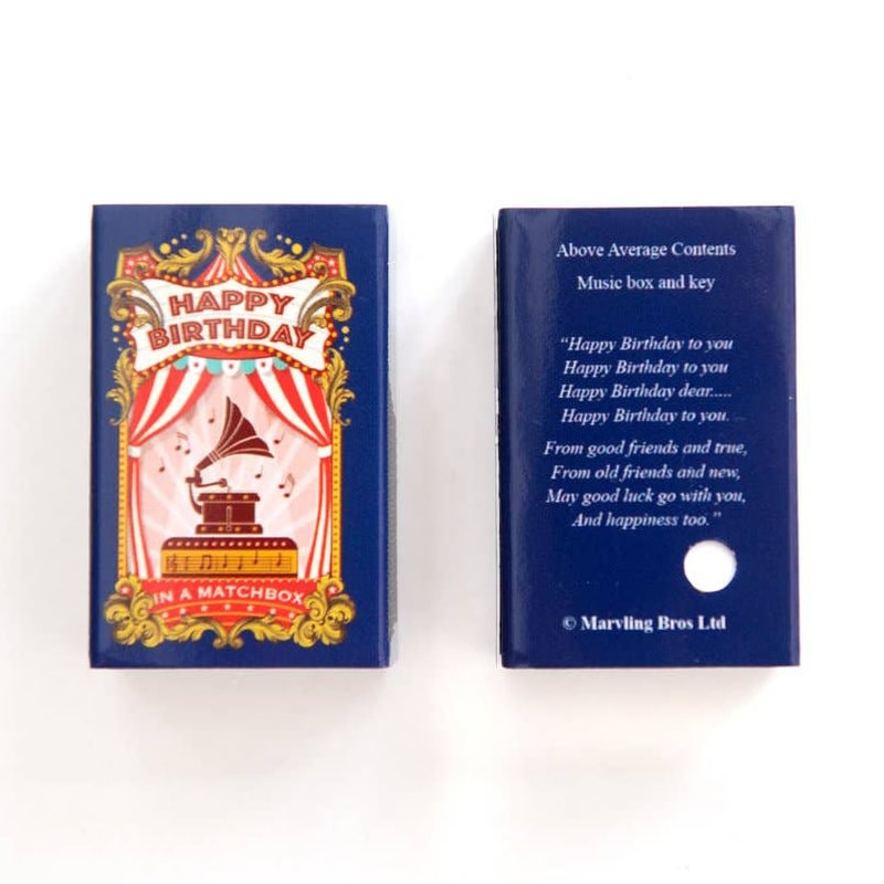 Marvling Bros Ltd Happy Birthday Music Box In A Matchbox showing front and back of box