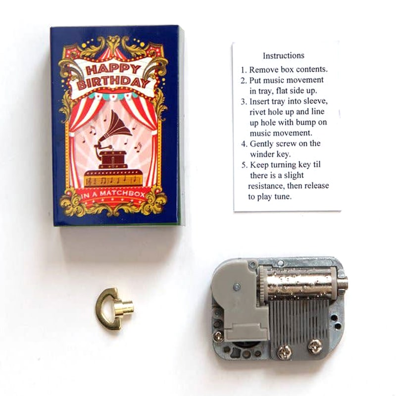 Marvling Bros Ltd Happy Birthday Music Box In A Matchbox showing music box and key and instructions found inside