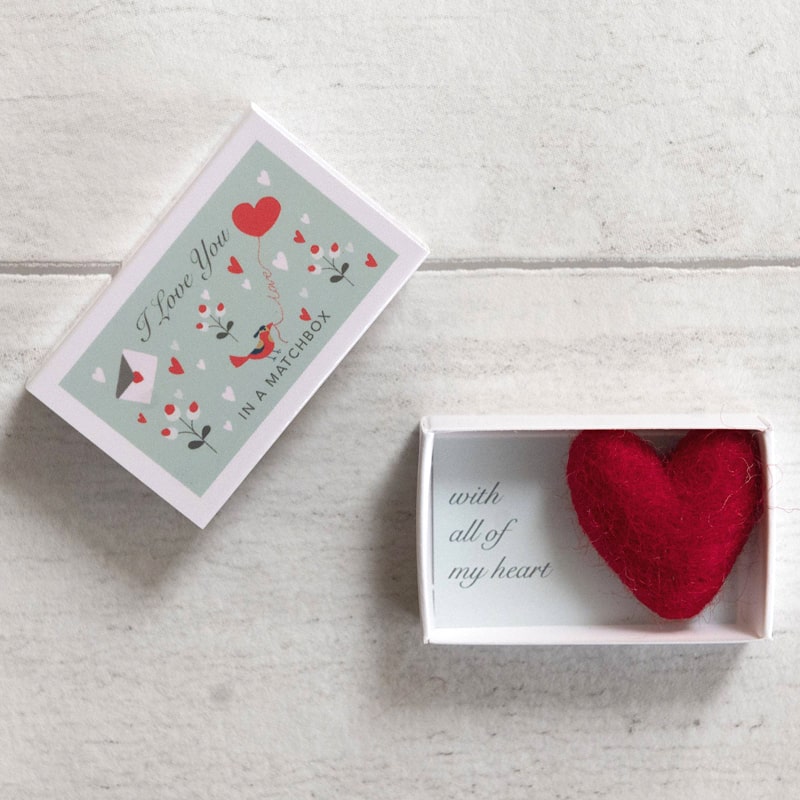 Marvling Bros Ltd Wool Felt Heart And Love Message In A Matchbox with box open showing heart and letter