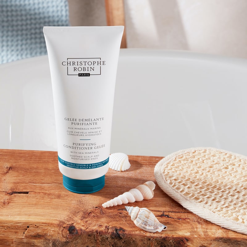 Christophe Robin Purifying Conditioner Gelee with Sea Minerals beauty shot with sea shells