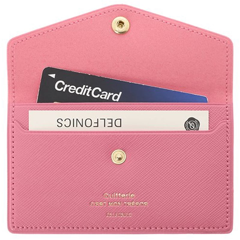 Delfonics Quitterie Card Case with Snap – Pink - shown open with 2 sample cards inserted