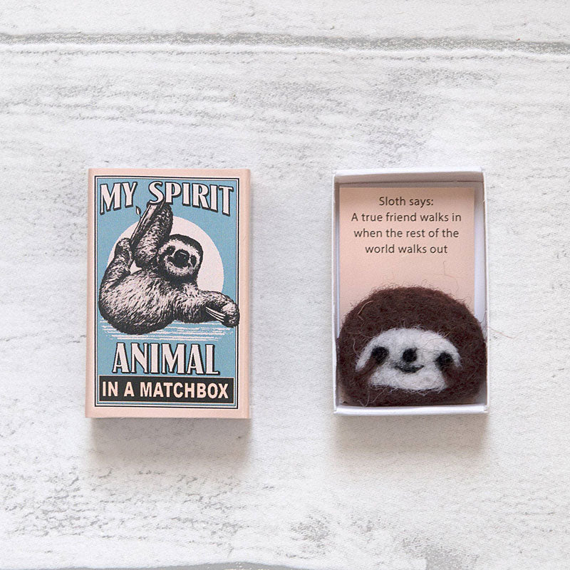 Marvling Bros Ltd My Spirit Animal Wool Felt Sloth In a Matchbox - showing top beside open box