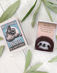 Marvling Bros Ltd My Spirit Animal Wool Felt Sloth In a Matchbox showing open box among leaves