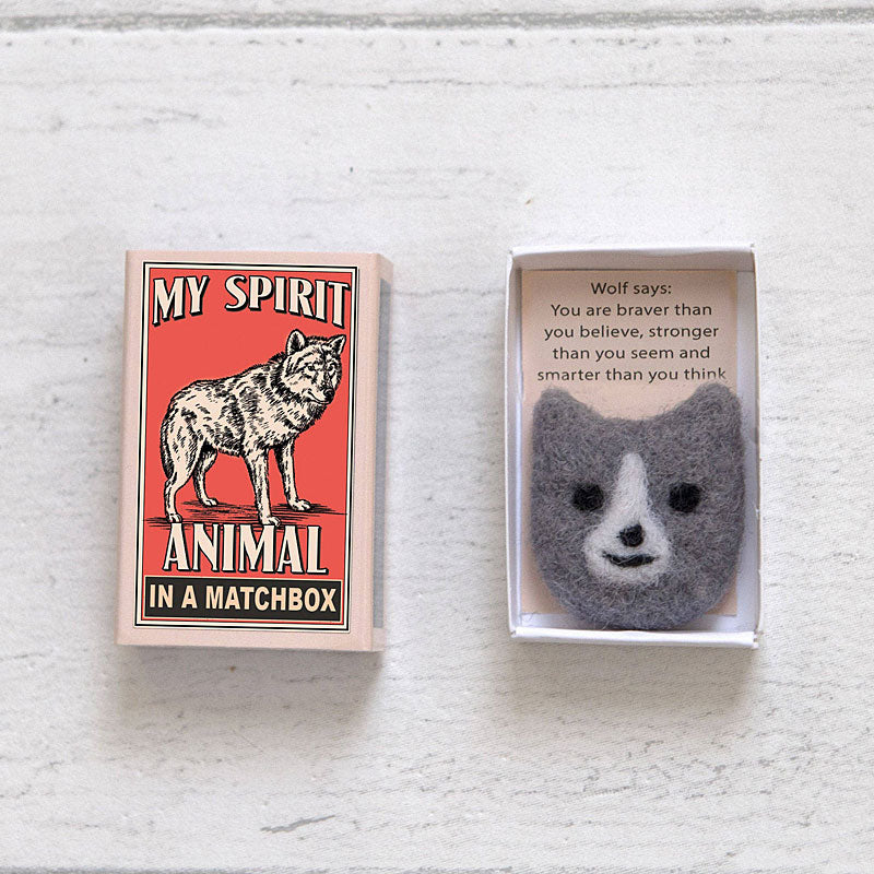 Marvling Bros Ltd My Spirit Animal Wool Felt Wolf In a Matchbox showing top of box and open box
