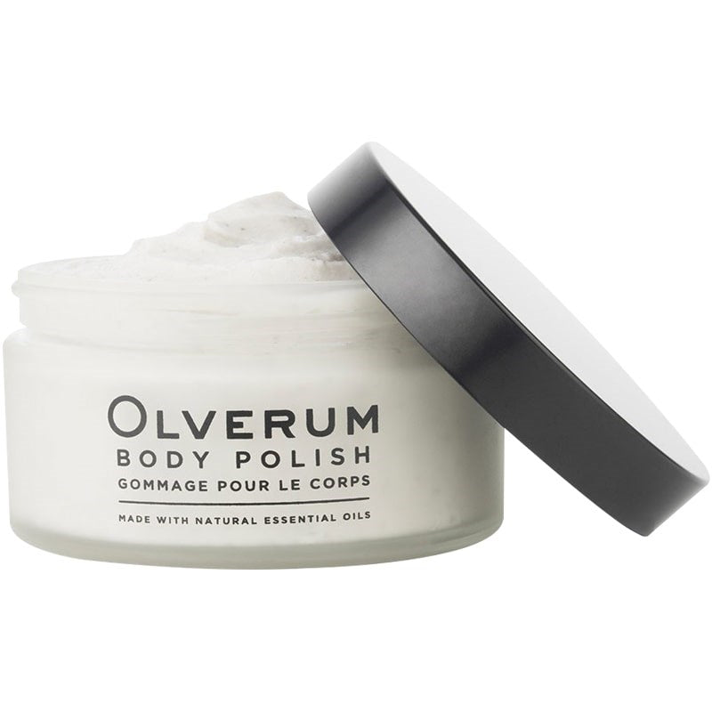 Olverum Body Polish (200 ml) with lid off to the side