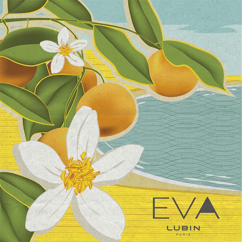 Lubin Eva Eau de Parfum artwork associated with the Fragrance has  fruit and white flowers by the seaside