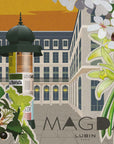 Lubin Magda Eau de Parfum artwork representing the fragrance - a city scene with white flowers and blackcurrants in front of buildings