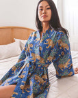 Printfresh Bagheera Robe – Sapphire shown on model sitting on bed