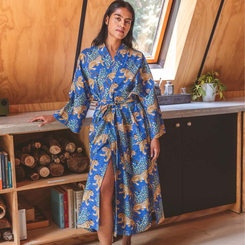 Printfresh Bagheera Robe – Sapphire shown on model standing