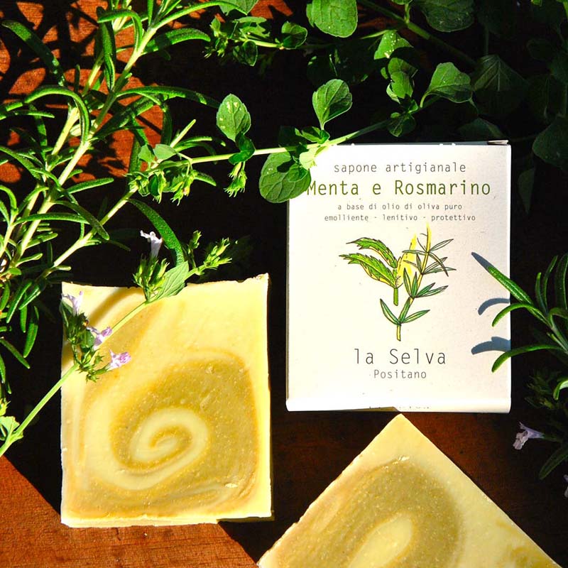 La Selva Positano Cosmetici Naturali Rosemary Mint Solid Soap displayed out of the box surrounded by greenery