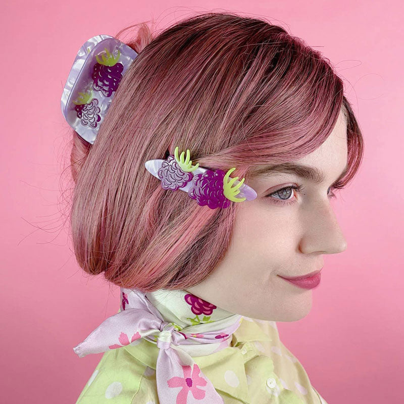 Centinelle Raspberry Medley Hair Barrette - in model&#39;s hair, also shows Raspberry Hair Claw sold separately