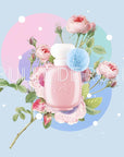 Les Parfums de Rosine Bulle de Rose - beauty shot with roses in the background and color spots