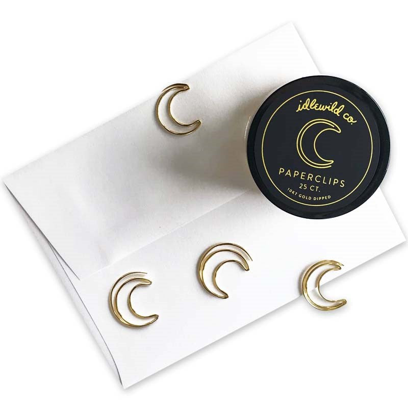 Idlewild Co Crescent Moon Gold Plated Paper Clips (25 pcs) pictured with white envelope - not included