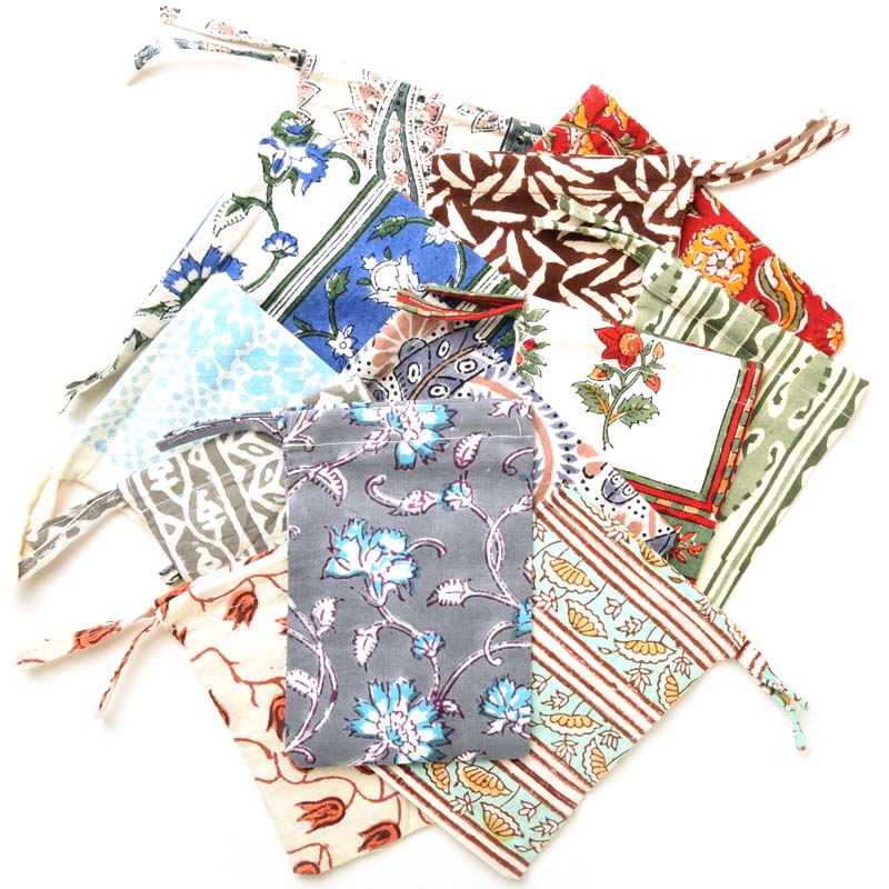 Beautyhabit Basics Block Print Drawstring Bag Set – Medium (set of 3 assorted) showing a wide assortment of the possible fabrics that may be included