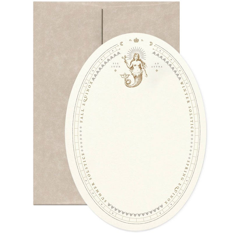 Open Sea Sic Itur Ad Astra (Mermaid) Oval Greeting Card with tan parchment envelope