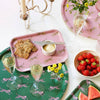Blu Kat Pink Leopard Round Serving Tray - lifestyle shot showing this tray and another tray (not included) on it.