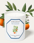 Carriere Freres Orange Blossom Candle (185 g) with oranges and orange blossom illustration behind candle