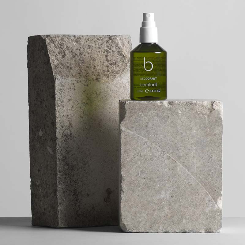 Beauty shot of Bamford Deodorant on large stones