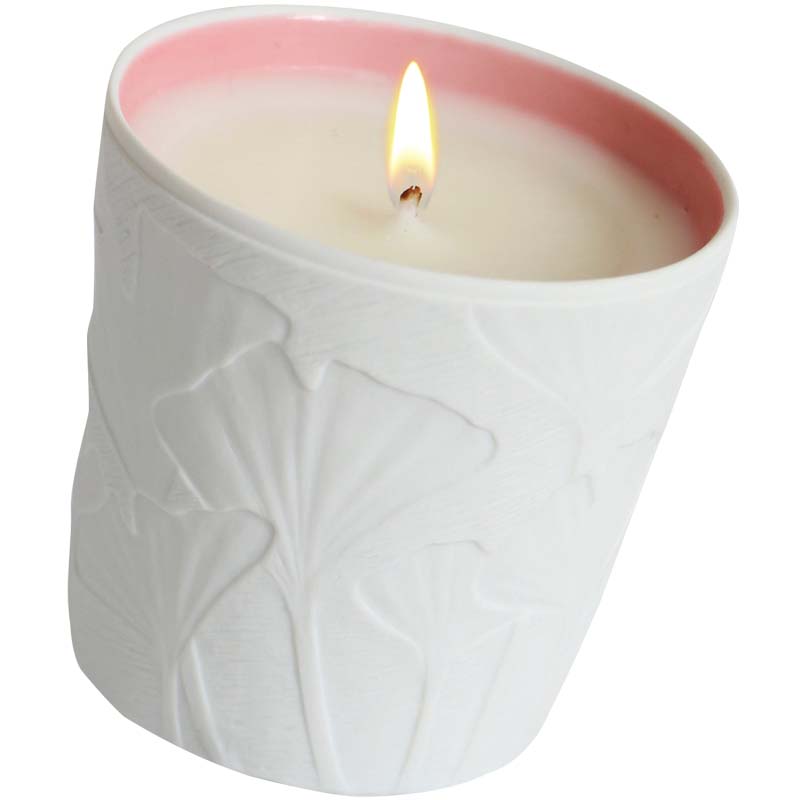 LE JARDIN RETROUVE Rose Trocadero Scented Candle shown with wick lit
