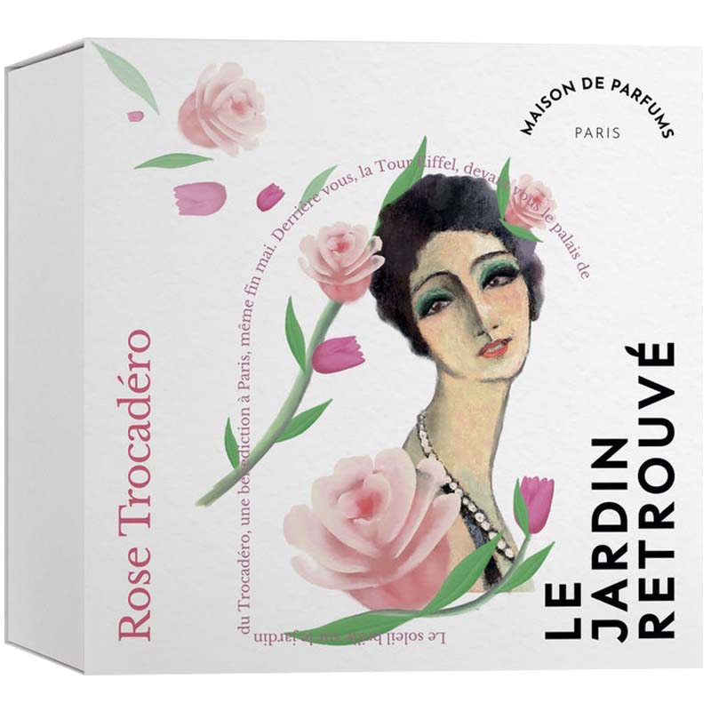 LE JARDIN RETROUVE Rose Trocadero Scented Candle displaying the packaging box