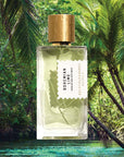 Mood shot of Goldfield & Banks Bohemian Lime Perfume 100 ml with water and palm trees in the background
