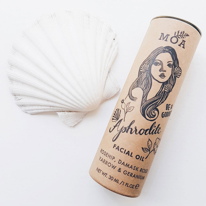 MOA Aphrodite Organic Facial Oil showing packaging with a shell