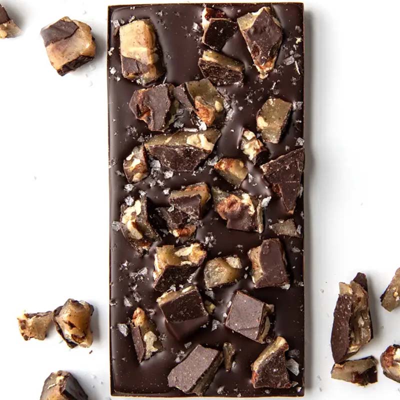 Wildwood Chocolate Salted Brown Butter Texas Pecan Brittle showing chocolate and brittle 