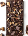 Wildwood Chocolate Salted Brown Butter Texas Pecan Brittle showing chocolate and brittle 