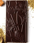 Wildwood Chocolate Fennel Pollen Caramel showing different ingredients next to chocolate bar