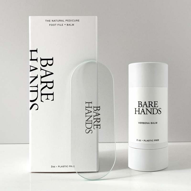 Bare Hands The Natural Pedicure Kit showing glass and balm