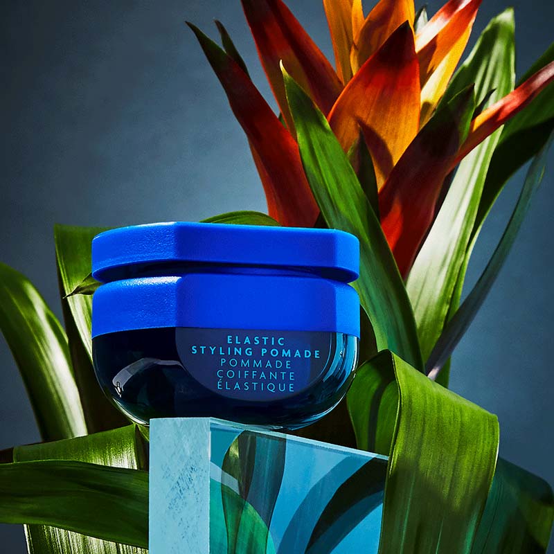 R+Co Bleu Elastic Styling Pomade showing in front of a plant