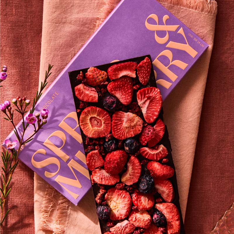 Spring &amp; Mulberry Mixed Berry Bar showing bar on purple packaging