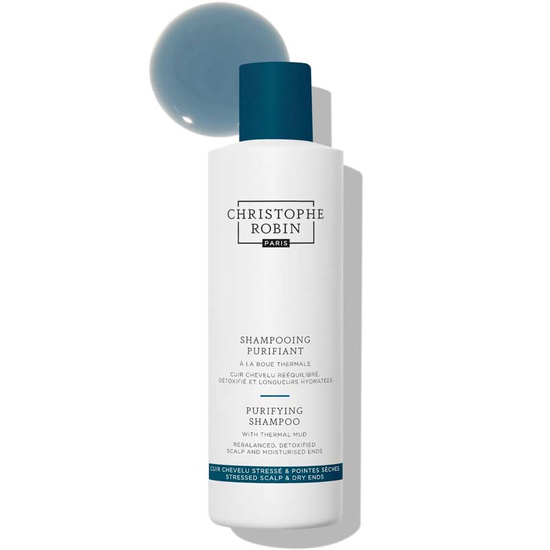 Christophe Robin Purifying Shampoo with Thermal Mud showing bottle with a smear