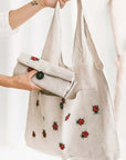 Sava Seasons Foldable Linen Shopper Tote – Ladybugs showing tote opened and folded closed