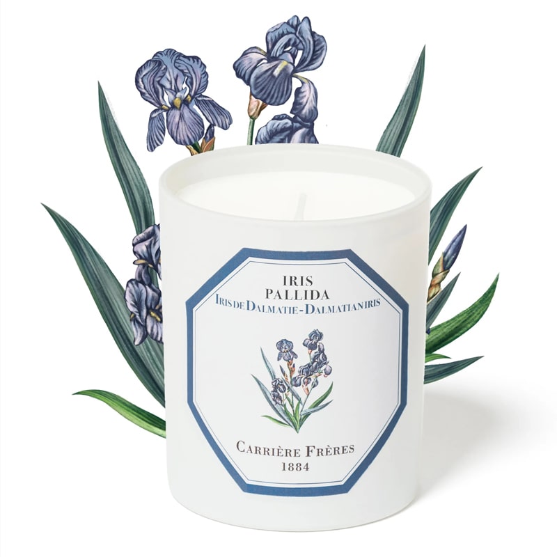 Carriere Freres Iris Candle (185 g) with iris illustration behind candle