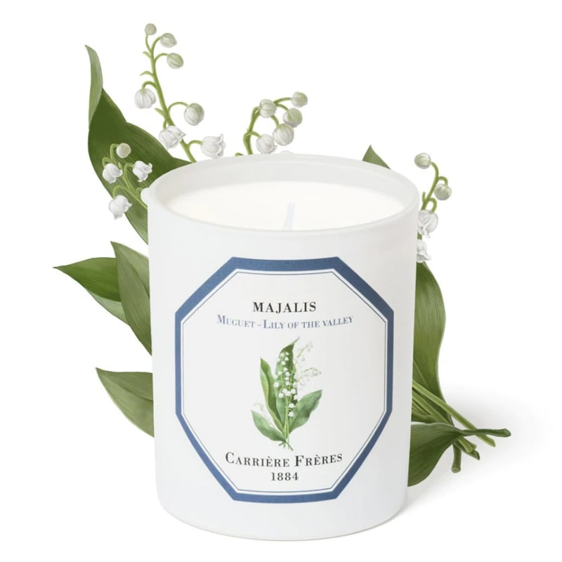 Lily of the Valley Candle (185 g) with lily of the valley illustration behind candle