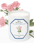 Carriere Freres Damask Rose Candle (185 g) with pink roses illustration behind candle
