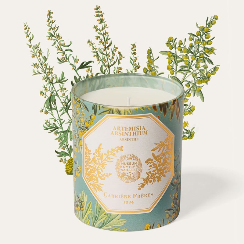 Carriere Freres Absinthe Candle (185 g) with absinthe illustration behind candle